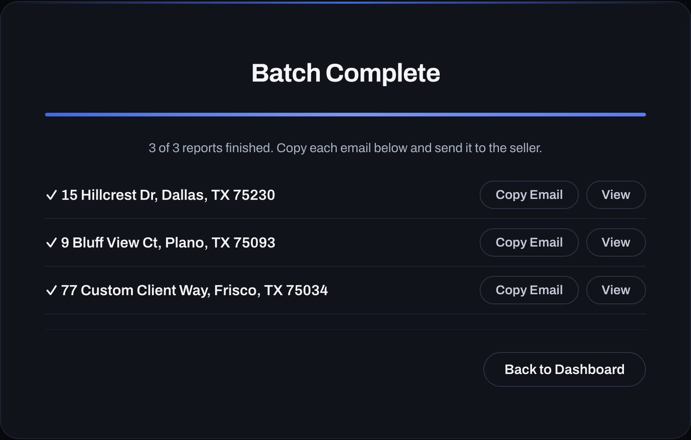 Batch Complete: three sample sellers listed with a check mark, a Copy Email button and a View button each