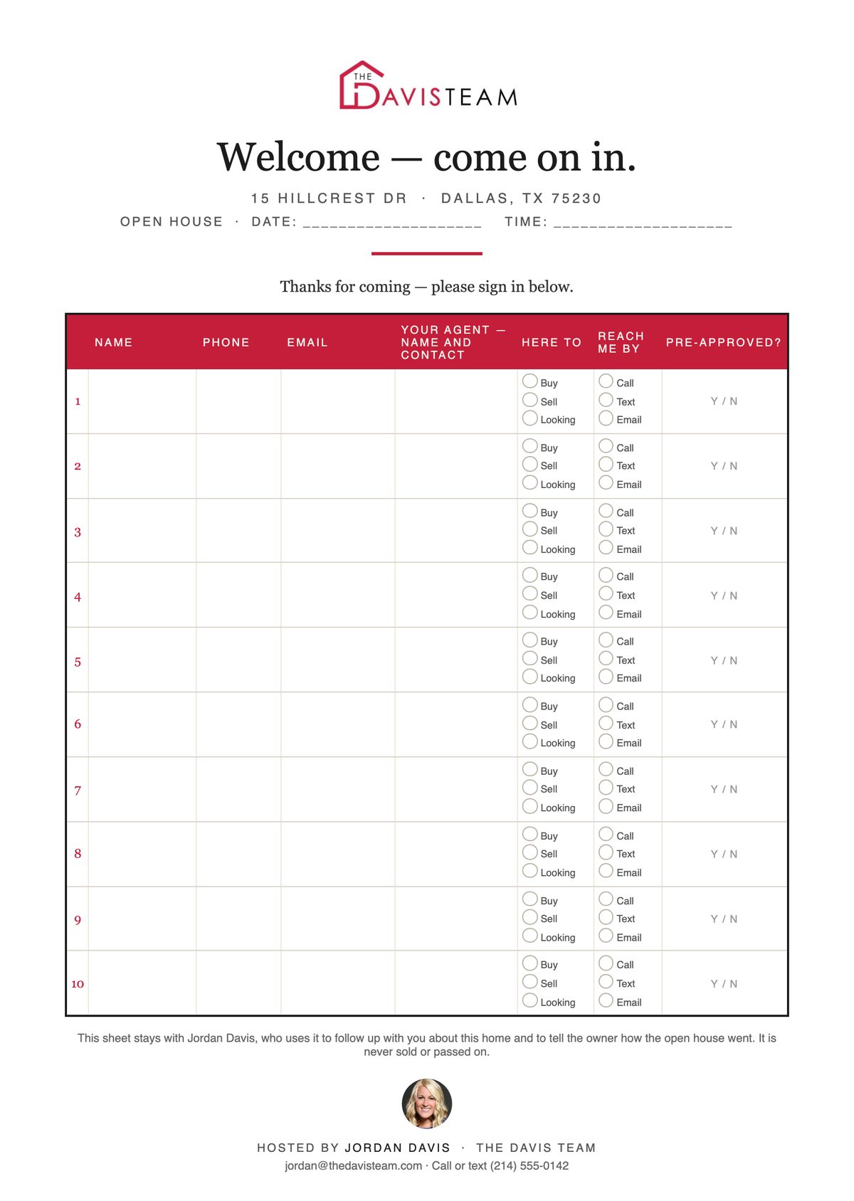 Open house sign-in sheet with the agent's name and privacy line